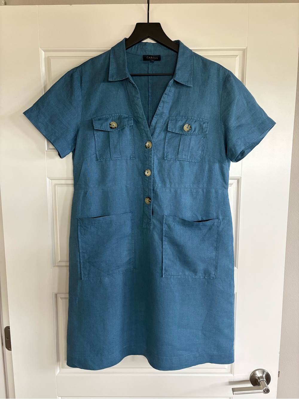 Carol Short-Sleeve Blue Linen Mini Dress